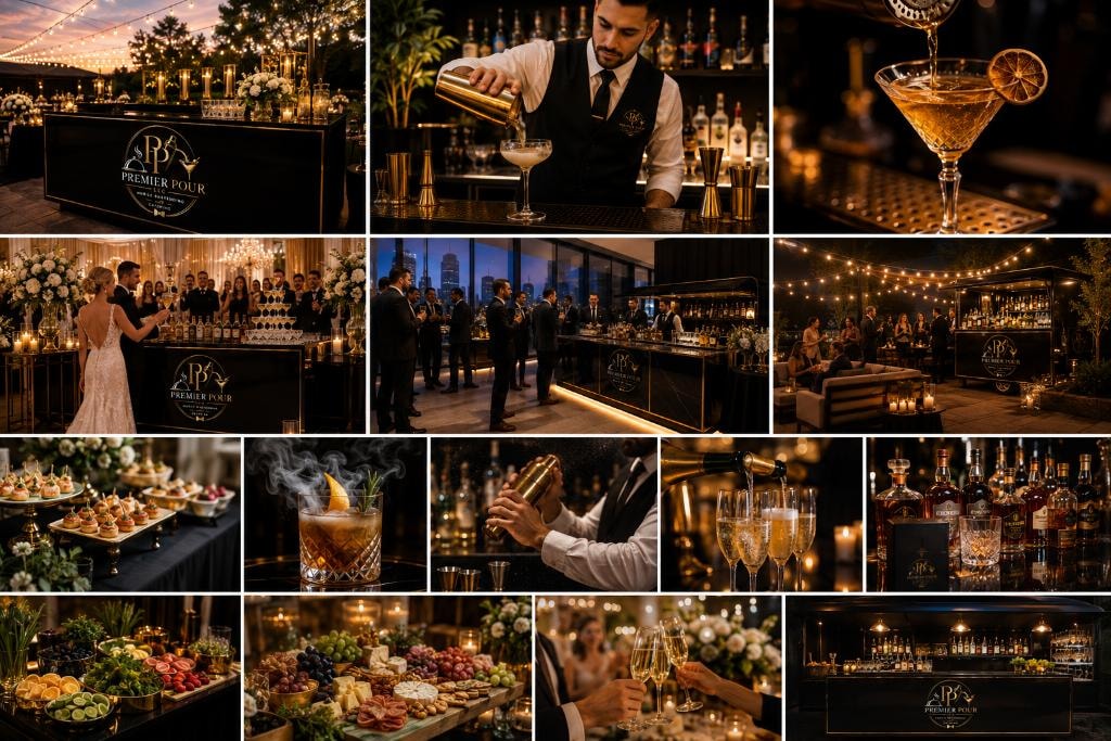 Premier Pour event collage — cocktails, bar setups, and celebrations